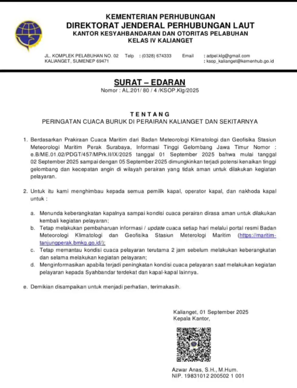 KSOP Kelas IV Kalianget Keluarkan Peringatan Tentang Cuaca Buruk, Imbau Penundaan Pelayaran